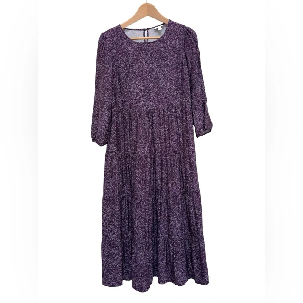 J. Jill Paisley Print Tiered Midi Dress Long Sleeve Cottagecore Boho Plum XS